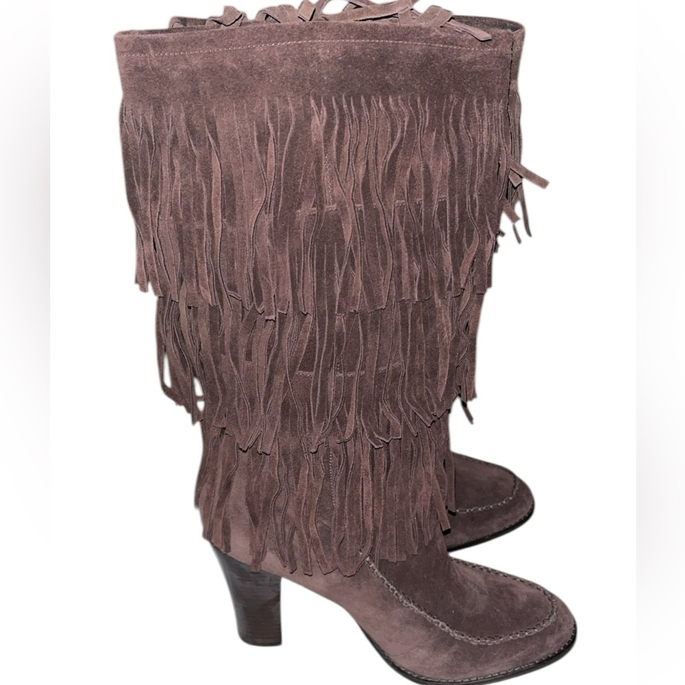 Ralph Lauren size 10 dark brown suede heeled boots with fringe detail NWOT